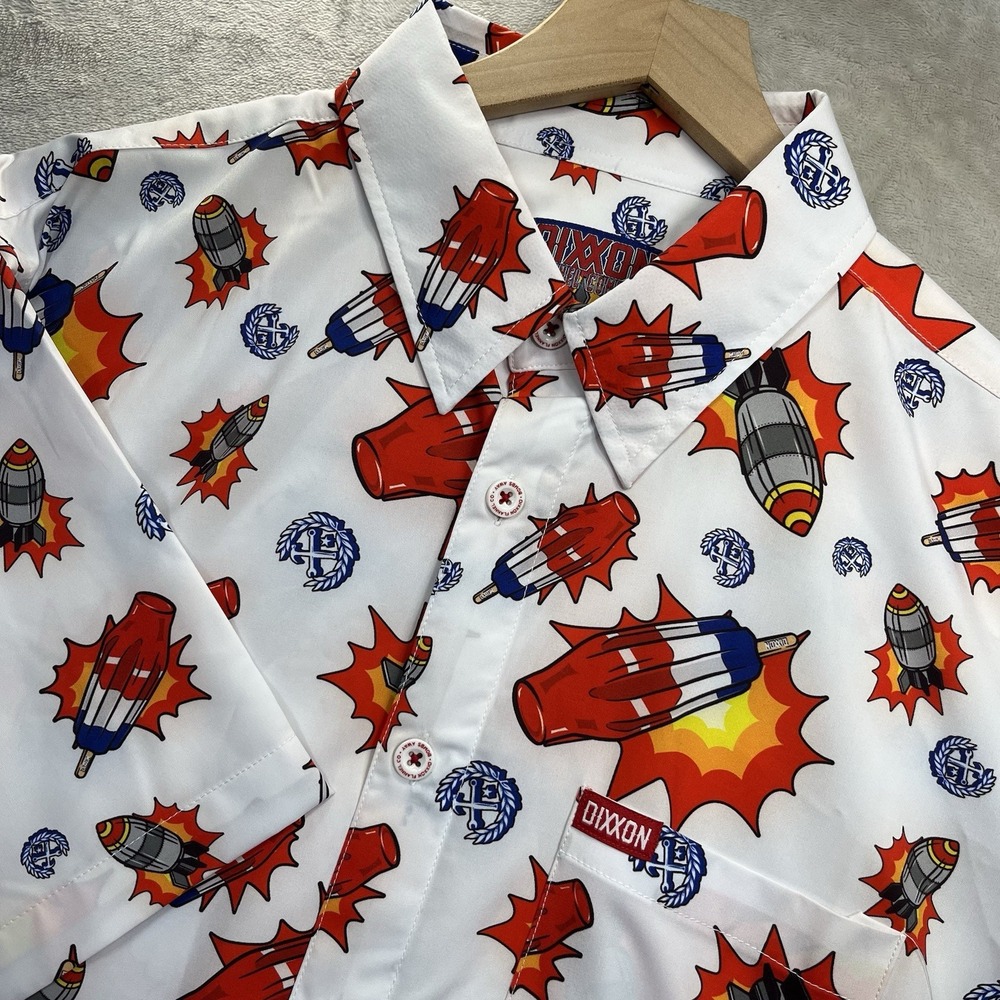 Dixxon Flannel Co Bombs Away Party Shirt Mens L White Rocket Print Short Sleeve